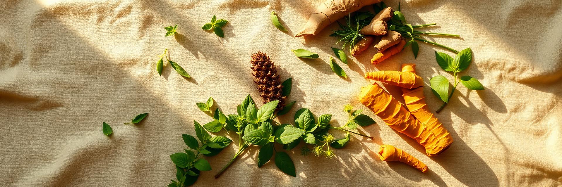 Fresh herbs and botanicals in golden sunlight